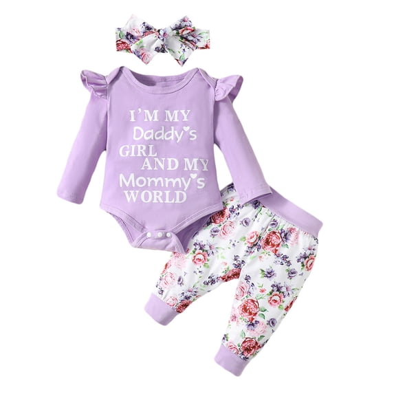 Zwiiyzr 1-18M Infant Baby Girl Clothes Long Sleeve Cotton Romper Pants Set Headband 3Pcs Fall Winter Outfit Purple