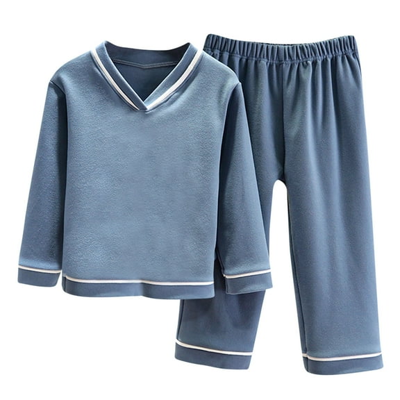Zwiiyzr 1.5-10Y Toddler Baby Kids Boys Girls Winter Pajamas Solid Color Long Sleeved Thickening Home Wear Clothes Suit Loungewear Set Blue