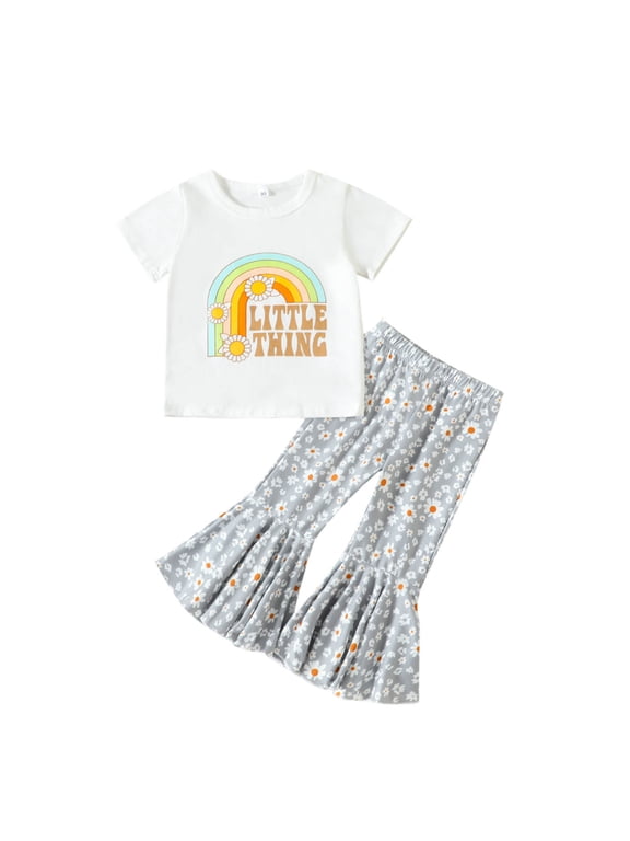 1-5T Toddler Baby Girls Cute Sweet Outfits "Little Thing" Printed Short Sleeve Top and Flared Pants 2Pcs Daisy Flower Baby Clothes White