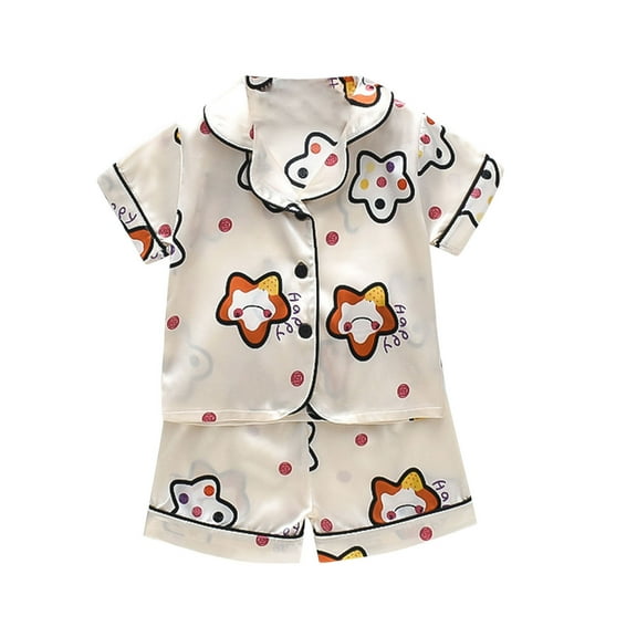 Zwiiyzr 1-5Y Toddler Girls Boys Pajamas Set Cute Print Button Down Top and Pants Sleepwear Loungwear for Unisex 2Pcs Lounge Set White