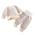thumbnail image 1 of Zwiiyzr 1-6 Years Baby Casual Striped Fleece Thermal Underwear Set for Boy Girls Long Sleeved Round Neck Shirts and High Waisted Long Pants Two-Piece Set Gray, 1 of 3