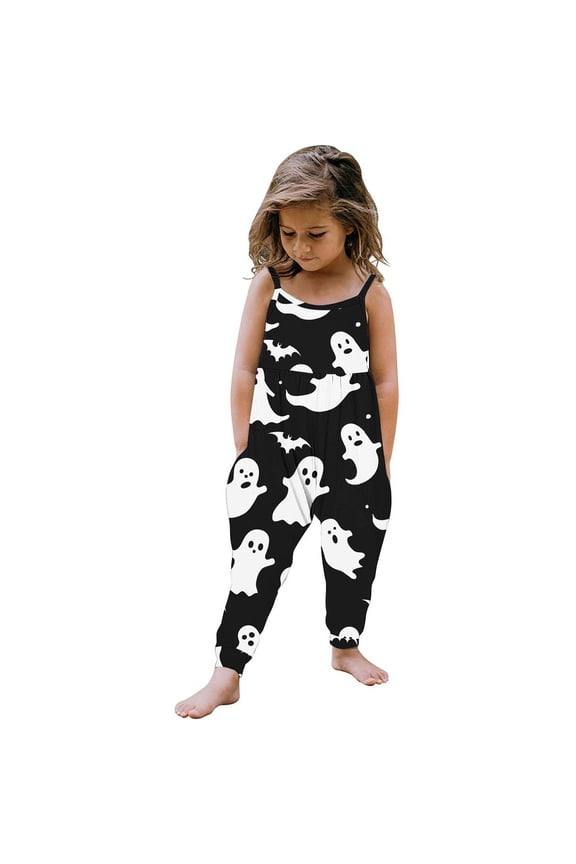 1-6 Years Toddler Baby Girl Jumpsuit One Piece Halloween Sleeveless Strap Romper Harem Pant with Pockets Summer Outfit Baby Clothes Black