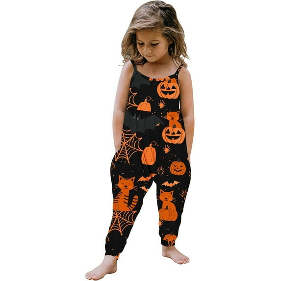 Zwiiyzr 1-6 Years Toddler Baby Girl Jumpsuit One Piece Halloween Sleeveless Strap Romper Harem Pant with Pockets Summer Outfit Baby Clothes Black