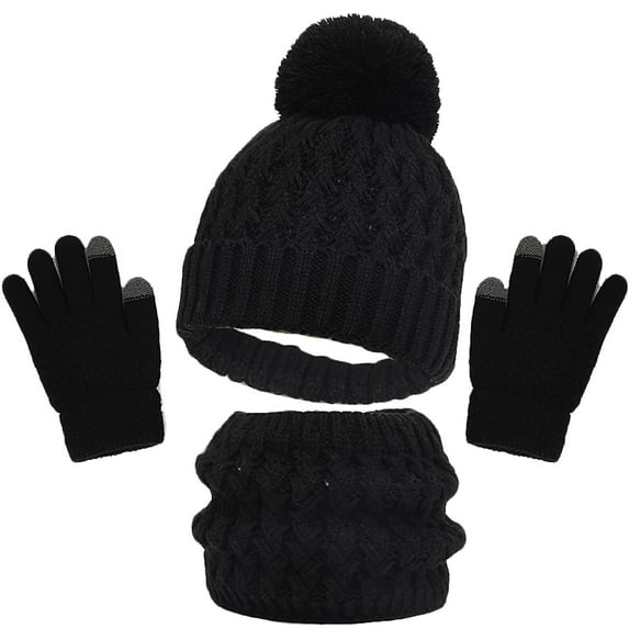 Zwiiyzr 2024 1-6Y Toddler Baby 3 Pcs Winter Knit Beanie Hat Scarf and Gloves Set Thick Warm Ski Hat With Pompom for Girls Boys Black