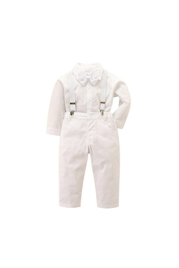 1-6Y Toddler Boy Clothes Suit 3Pcs Gentleman Wedding Outfits Kids Formal Dress Shirt Bowtie Long Suspender Pants Overalls White