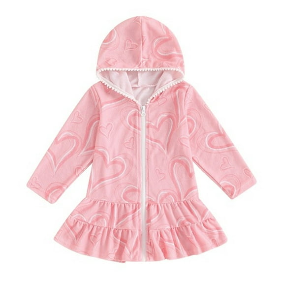 Zwiiyzr 1-6Y Toddler Girl Swim Cover Up Dress Long Sleeve Tie-Dye Zip Up Hooded Bating Towel Beachwear Cute Bathrobe Swimwear Pink