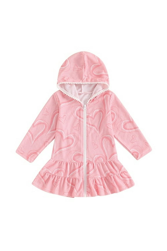 1-6Y Toddler Girl Swim Cover Up Dress Long Sleeve Tie-Dye Zip Up Hooded Bating Towel Beachwear Cute Bathrobe Swimwear Pink