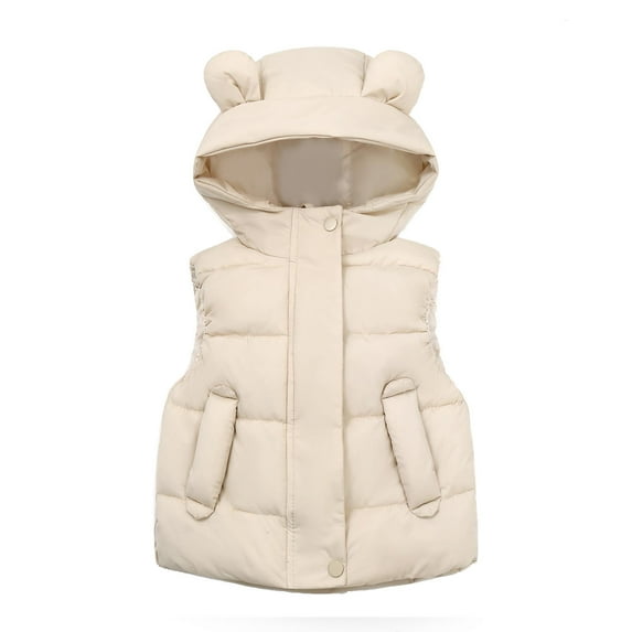 Zwiiyzr 2024 1-7T Winter Quilted Vest for Kids Baby Boys Girls Windproof Padded Jacket Bear Hood Sleeveless Jacket Waistcoats Toddler Outerwear Beige
