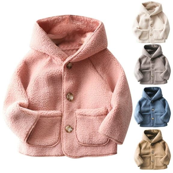 Zwiiyzr 1-7Y Boys and Girls Faux Shearling Jacket Trendy Solid Color Cute Plush Thick Keep Warm Button Hooded Outerwear Winter Coat Dark Blue