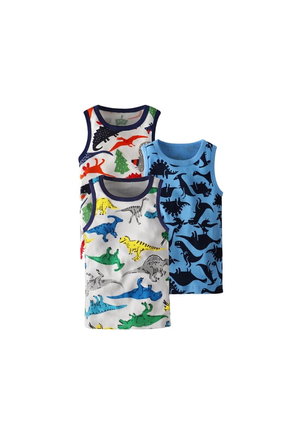 1-8Y Toddler Baby Boys Dinosaur Tank Tops Soft Cotton Sleeveless Top Undershirts Pack Of 3 Blue