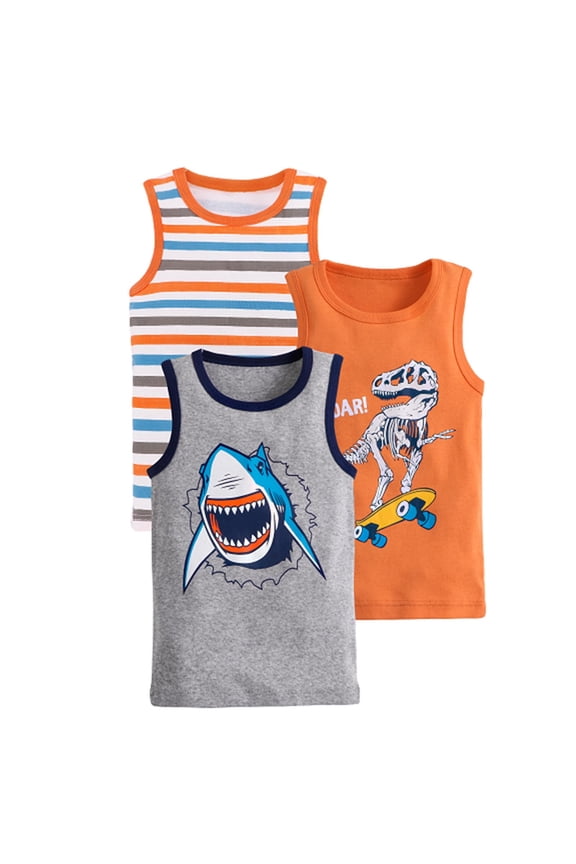 1-8Y Toddler Baby Boys Dinosaur Tank Tops Soft Cotton Sleeveless Top Undershirts Pack Of 3 Orange
