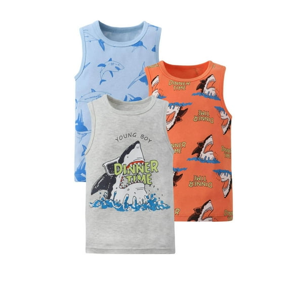 Zwiiyzr 1-8Y Toddler Baby Boys Dinosaur Tank Tops Soft Cotton Sleeveless Top Undershirts Pack Of 3 Orange