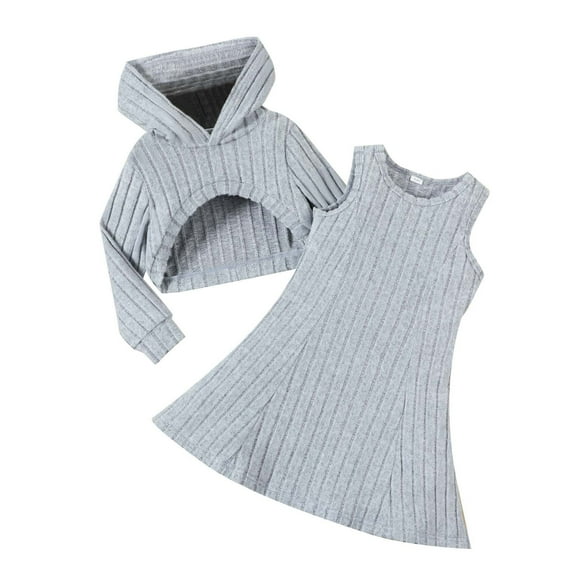 Zwiiyzr 2025 1-8Y Toddler Baby Girl Summer Clothes Knit Ribbed Hooded Sweatshirt With Sleeveless Flare Dress Summer 2Pcs Outfits Gray