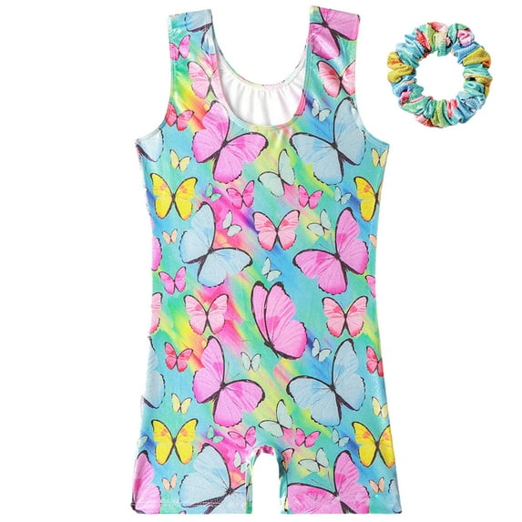 Zwiiyzr 2-10 Years High Stretch Gymnastics Leotards for Girls with Hair Scrunchie, Unitard Kids Short Tank Biketard Dance Clothes Multicolor