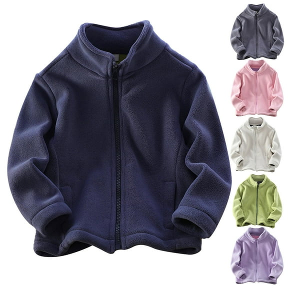 Zwiiyzr 2-10Y Boys and Girls Polar Fleece Jacket Trendy Solid Color Cute Plush Thick Keep Warm Zipper Outerwear Winter Coat Beige