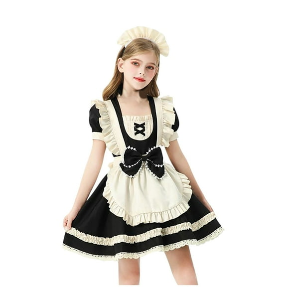 Zwiiyzr 2-11Y Girls Maid Dress Floral Colonial Prairie Clothes for Little Kids with Apron and Bonnet Five Piece Cute Outfits White