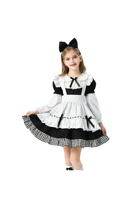 2-11Y Girls Maid Dress Floral Colonial Prairie Clothes for Little Kids with Apron and Bonnet Four Piece Cute Outfits White