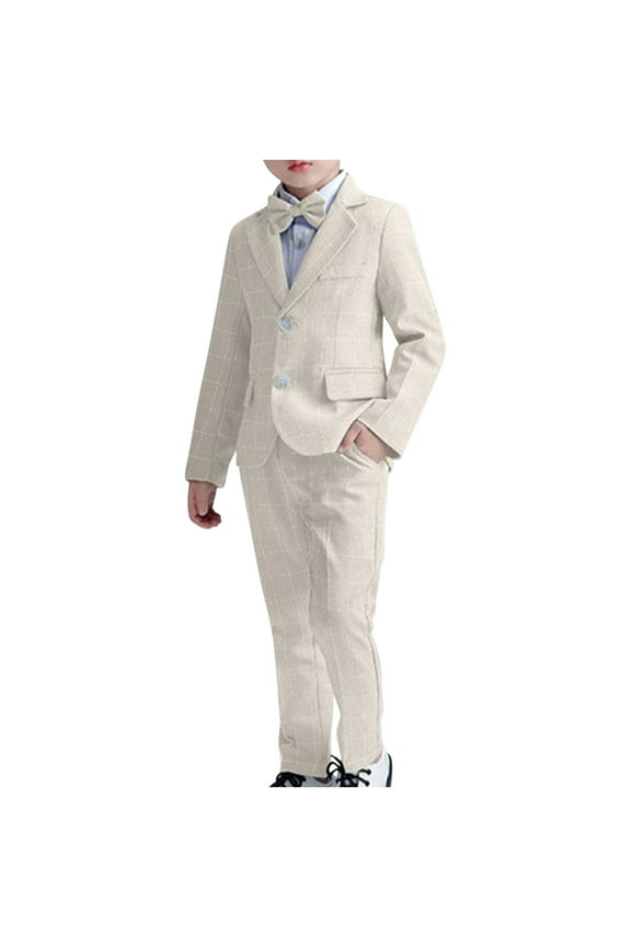 2025 2-11Y Toddler Boy Clothes Suit 4Pcs Solid Formal Dress Shirt + Blazer Jacket + Bowtie + Suit Pants Boys Gentleman Outfits Set Khaki