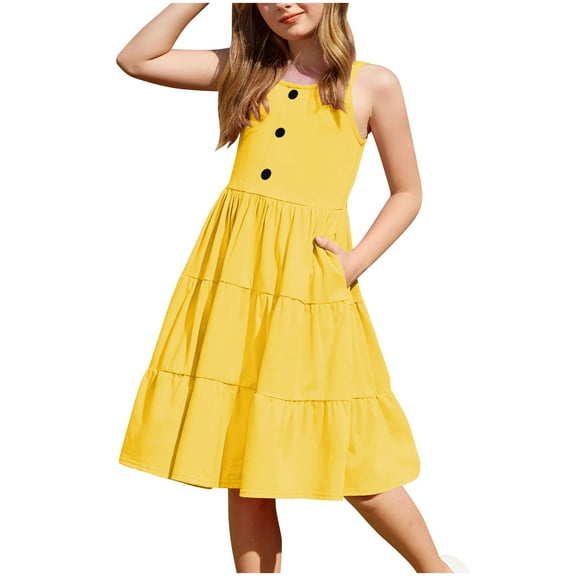 Zwiiyzr 2025 2-12Y Girls Dress Summer Dress Casual Sleeveless Button Elegant Swing Cami Dresses With Pockets Yellow