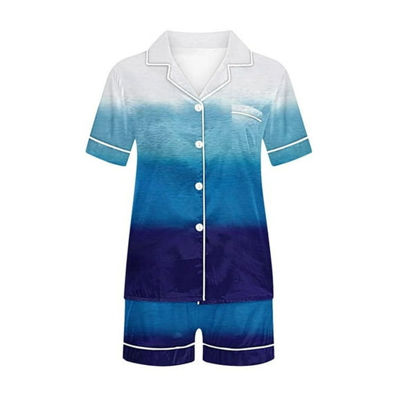 Zwiiyzr 2-13Y Toddler Baby Girls Boys Collared Button Down Short Sleeve Gradient Color Sleepwear Clothes Short Set Baby Loungewear Outfits Blue