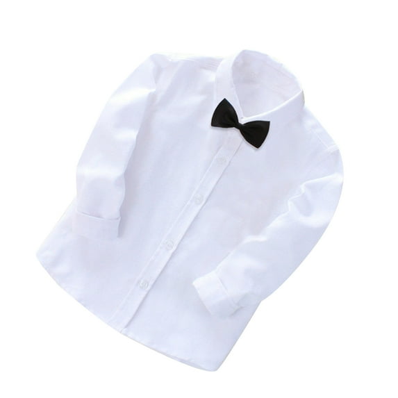 Zwiiyzr 2024 2-14Y Toddler Boys Trendy Long Sleeve Blouse Solid Color Gentleman's School Uniform Shirt with Bow Tie White-10 Years