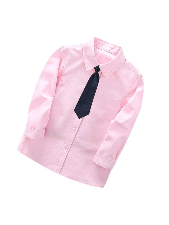 2-14Y Toddler Boys Trendy Long Sleeve Blouse Solid Color Gentleman's School Uniform Shirt with Tie Pink-4 Years