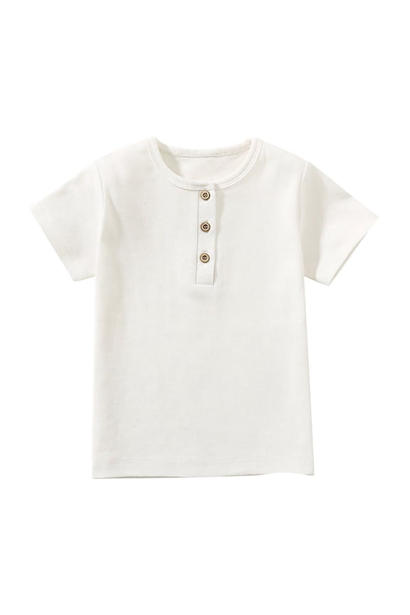 2-6 Years Toddler Kids Girls Boys Summer Short Sleeve Basic T Shirt Trendy Comfortable Solid Color Button Round Neck Top White