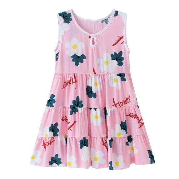 Zwiiyzr 2-6T Toddler Baby Girls Floral Boho Dress Summer Ruffle Hem Round Neck Sleeveless Casual Kids Beach Sundress Pink