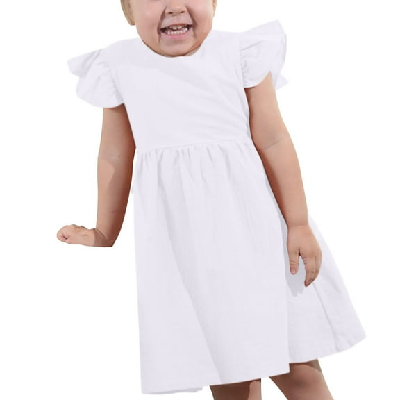 Zwiiyzr 2025 2-6Y Infant Toddler Baby Dress Trendy Solid Color Bow Princess Dress Flutter Sleeveless Dress White