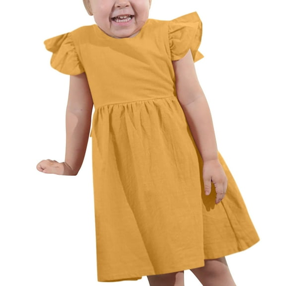 Zwiiyzr 2025 2-6Y Infant Toddler Baby Dress Trendy Solid Color Bow Princess Dress Flutter Sleeveless Dress Yellow