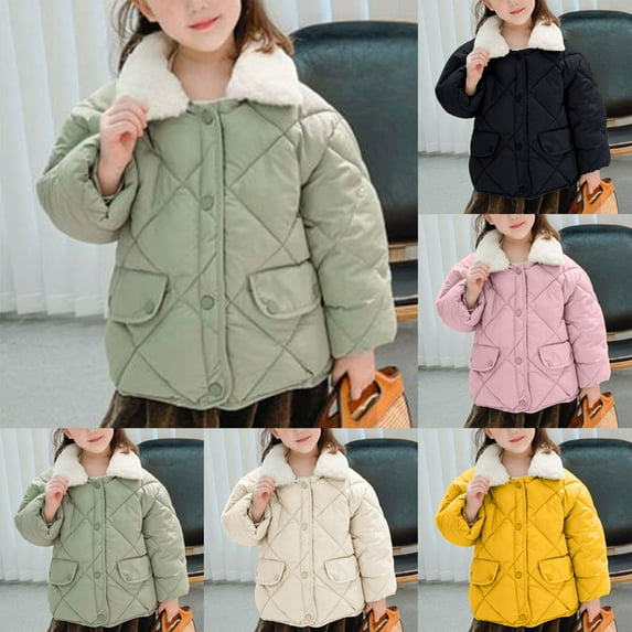 Zwiiyzr 2-7Y Boys and Girls Fleece Quilted Jacket 2-7 Years Winter Cotton Clothing Wool Collar Thickened Warm Jacket Beige