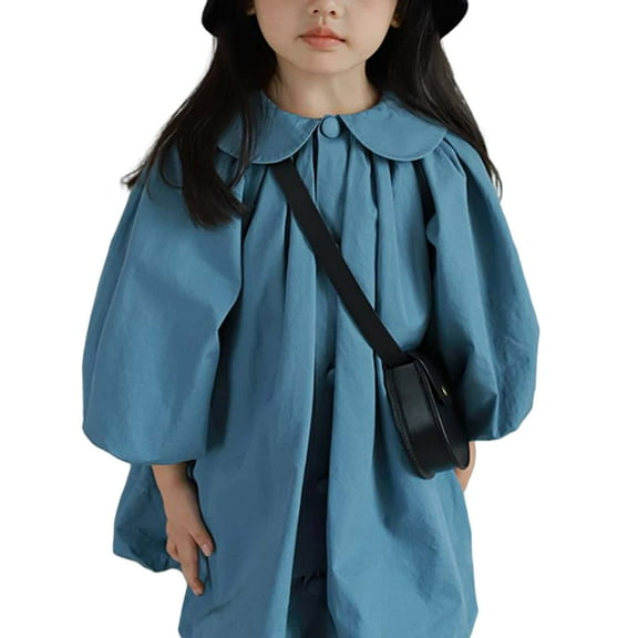 Zwiiyzr 2-7Y Kids Baby Girl Long Sleeve Doll Collar Shirt Dress Toddler Puff Long Sleeve Solid Color Spring Fall Dress Blue