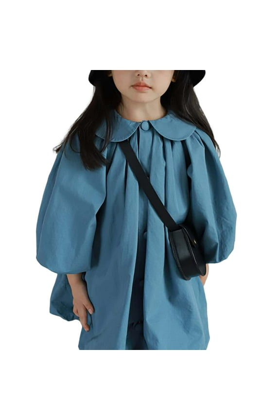 2-7Y Kids Baby Girl Long Sleeve Doll Collar Shirt Dress Toddler Puff Long Sleeve Solid Color Spring Fall Dress Blue