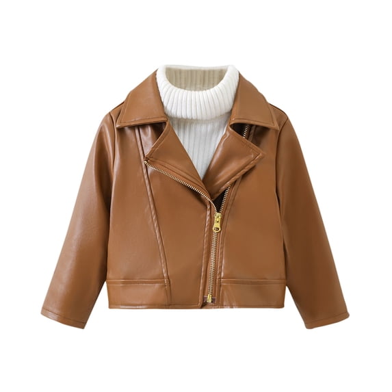 Zwiiyzr 2-7Y Kids Girl Boys Spring Fall Leather Jacket Motorcycle Coat Winter Outerwear Brown