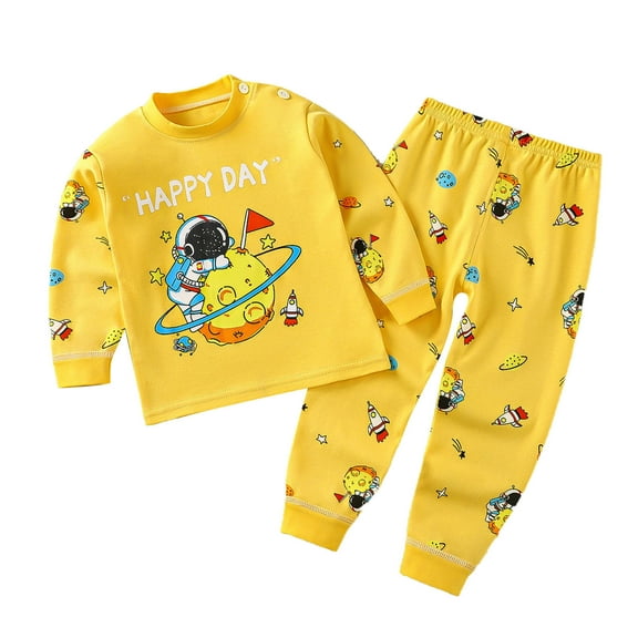 Zwiiyzr 2-8 Years Boys Girls Pajama Set Toddler Baby Kids Winter Cotton Loungewear Set Solid Color Rabbit Print Long Sleeved Home Wear Clothes Suit Yellow