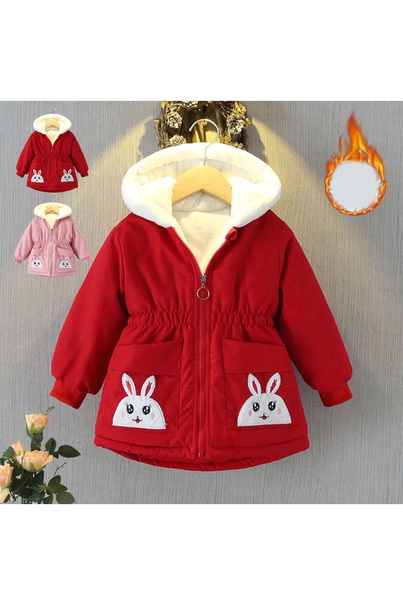 2-8Y Boys and Girls Hooded Fleece Lined Parka Jacket Kids Thicken Warm Winter Coat Outerwear Pink