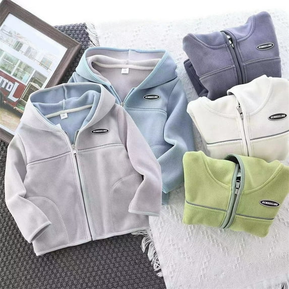 Zwiiyzr 2-8Y Boys and Girls Polar Fleece Jacket Trendy Solid Color Cute Fleece Thick Keep Warm Zipper Hoodie Outerwear Winter Coat Dark Gray