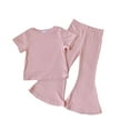 thumbnail image 1 of Zwiiyzr 2-8Y Girls Solid Color Loose Leisure Short Sleeve Round Neck Blouses T Shirt Bell Bottom Pants Two Piece Sets Pink, 1 of 3