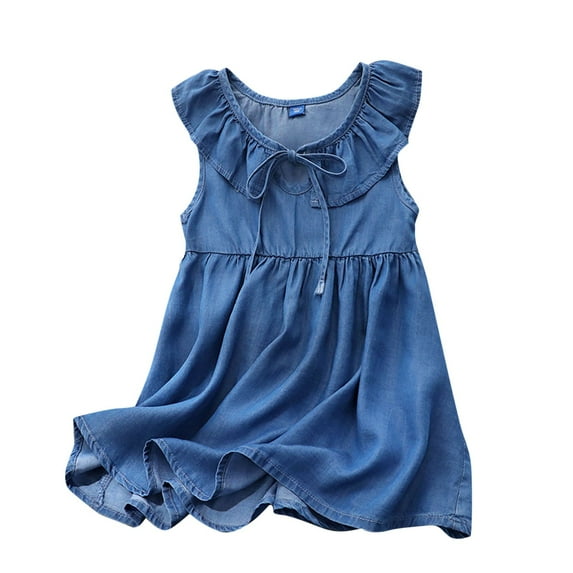 Zwiiyzr 2025 3-10Y Girls Dress Denim Dress Lightweight Breathable Summer Ruffled Neck Dress Dark Blue
