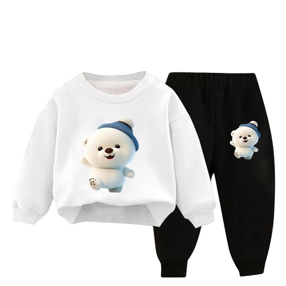 Zwiiyzr 3-10Y Toddler Baby Boy Girl Clothes Warm Fleece Lined Bear Print Long Sleeve Sweatshirt Tops and Pants Winter Fall Clothing Set White
