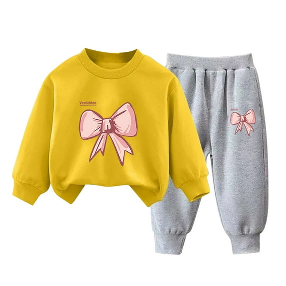 Zwiiyzr 3-10Y Toddler Baby Boy Girl Clothes Warm Fleece Lined Bowknot Print Long Sleeve Sweatshirt Tops and Pants Winter Fall Clothing Set Yellow