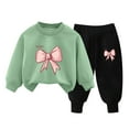 thumbnail image 1 of Zwiiyzr 3-10Y Toddler Baby Boy Girl Clothes Warm Fleece Lined Bowknot Print Long Sleeve Sweatshirt Tops and Pants Winter Fall Clothing Set Green, 1 of 3