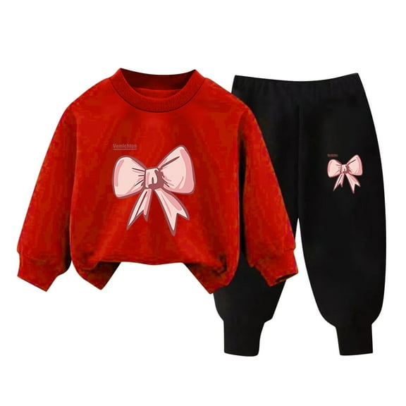 Zwiiyzr 3-10Y Toddler Baby Boy Girl Clothes Warm Fleece Lined Bowknot Print Long Sleeve Sweatshirt Tops and Pants Winter Fall Clothing Set Red