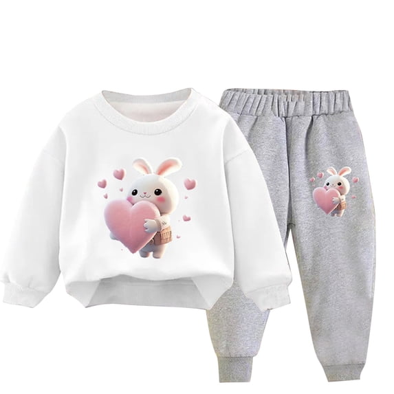 Zwiiyzr 3-10Y Toddler Baby Boy Girl Clothes Warm Fleece Lined Rabbit Print Long Sleeve Sweatshirt Tops and Pants Winter Fall Clothing Set White