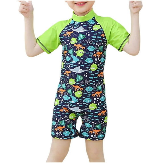 Zwiiyzr 2025 3-11Y Boys One Piece Swimsuit Short Sleeve Boys Swimwear Rash Guard Suit Kids Green