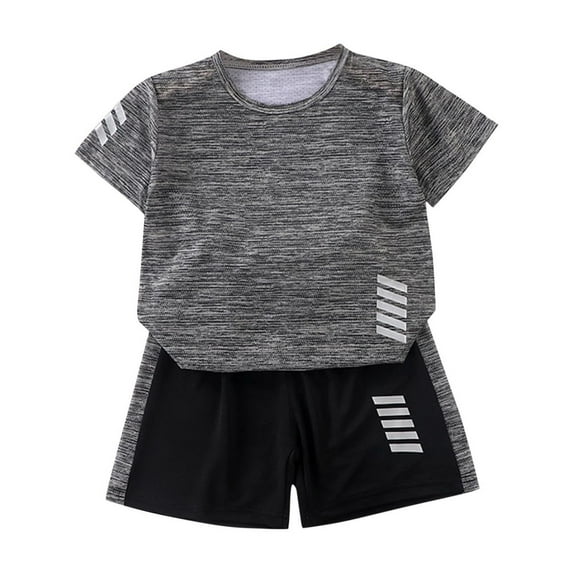 Zwiiyzr 3-11Y Toddler Boy Girls Summer Outfits Color Block Running Sport Quick Dry Tracksuit Solid 2-Piece Short Sleeve T-Shirt & Shorts Clothes Set Gray