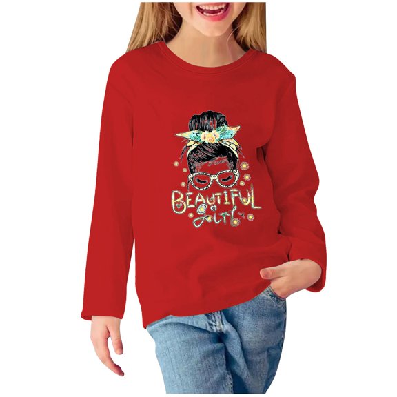 Zwiiyzr 3-12Y Girl Sweatshirts Printed Round Neck Pullover for Children Flower Embroidered Top Red