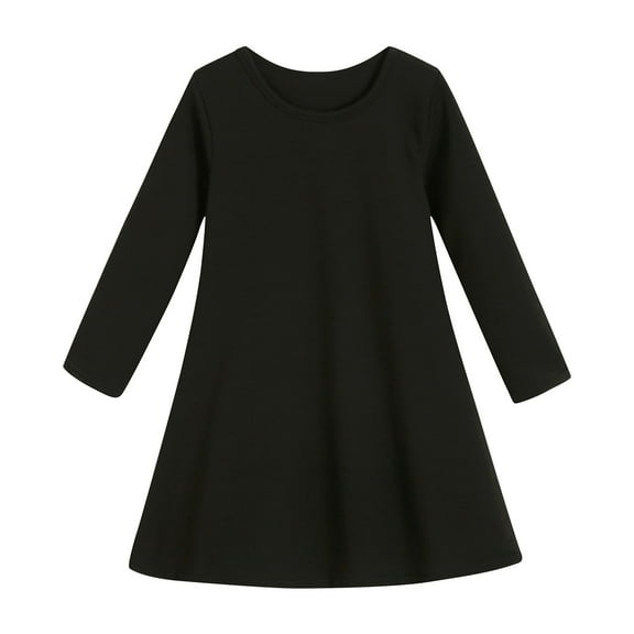 Zwiiyzr 2025 3-12Y Kids Girl Dress Cute Solid Color Long Sleeve Stretchy A Line Dress Black