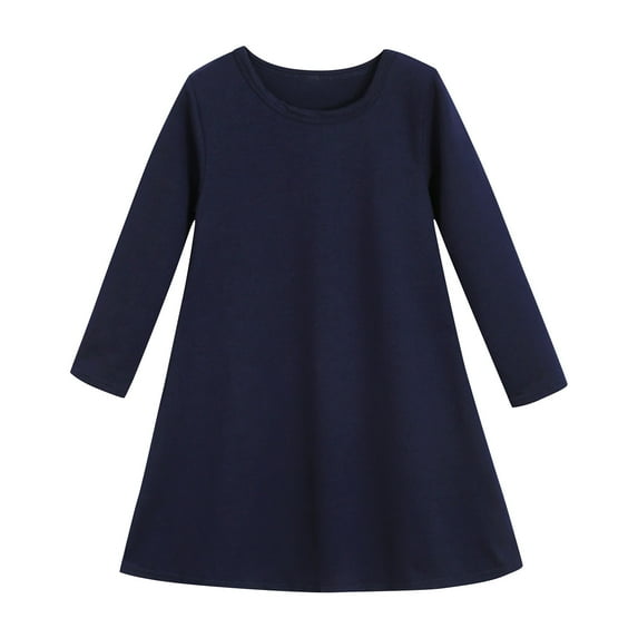 Zwiiyzr 2025 3-12Y Kids Girl Dress Cute Solid Color Long Sleeve Stretchy A Line Dress Navy