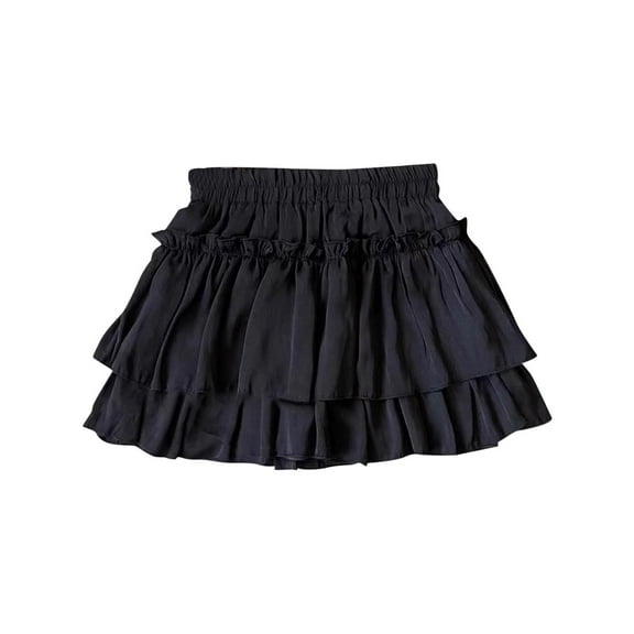 Zwiiyzr 2025 3-14Y Girl's Tiered Layer Shirred Skirts Casual Cute High Waisted Pleated Ruffle Flowy Elastic Skirts Black